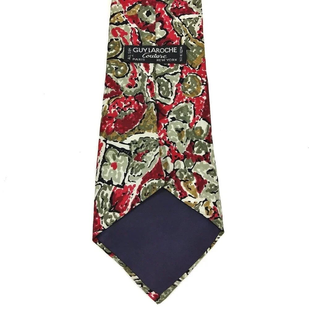 Guy Laroche Couture Geometric Floral Red Green Beige Mens Silk Necktie Dress Tie